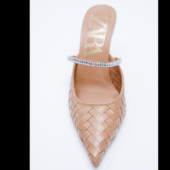 Zara Beige Sparkly Pointed Toe Woven Heels Size 8/39 - Picture 3 of 5